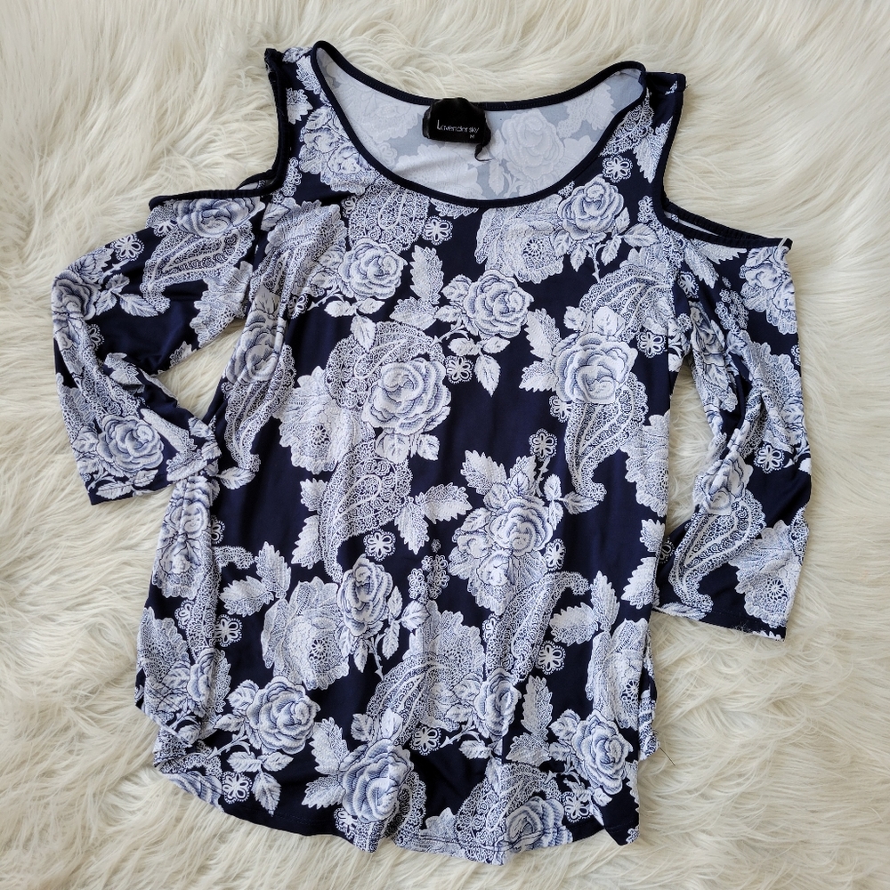 Cold Shoulder Top Navy Blue White Textured Print